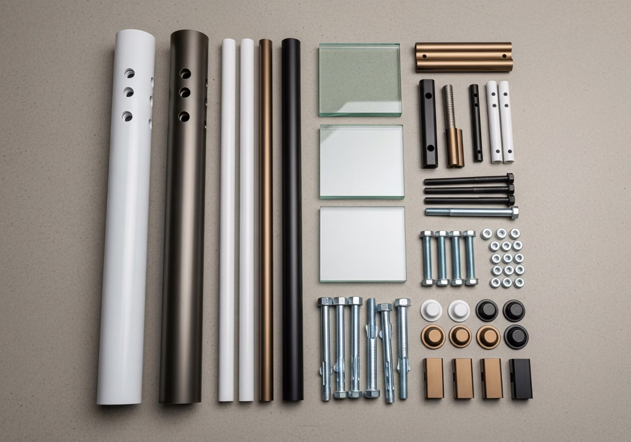 Aluminum railing kit — Regal Ideas posts, balusters, glass panels, anchor bolts