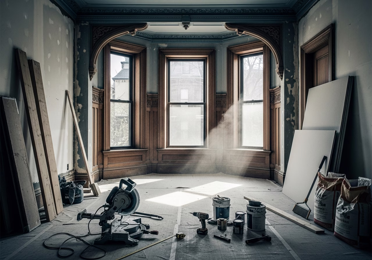 Annex Victorian & Queen Anne Renovation in progress: tools, materials, and protective floor covering staged for a Toronto hom