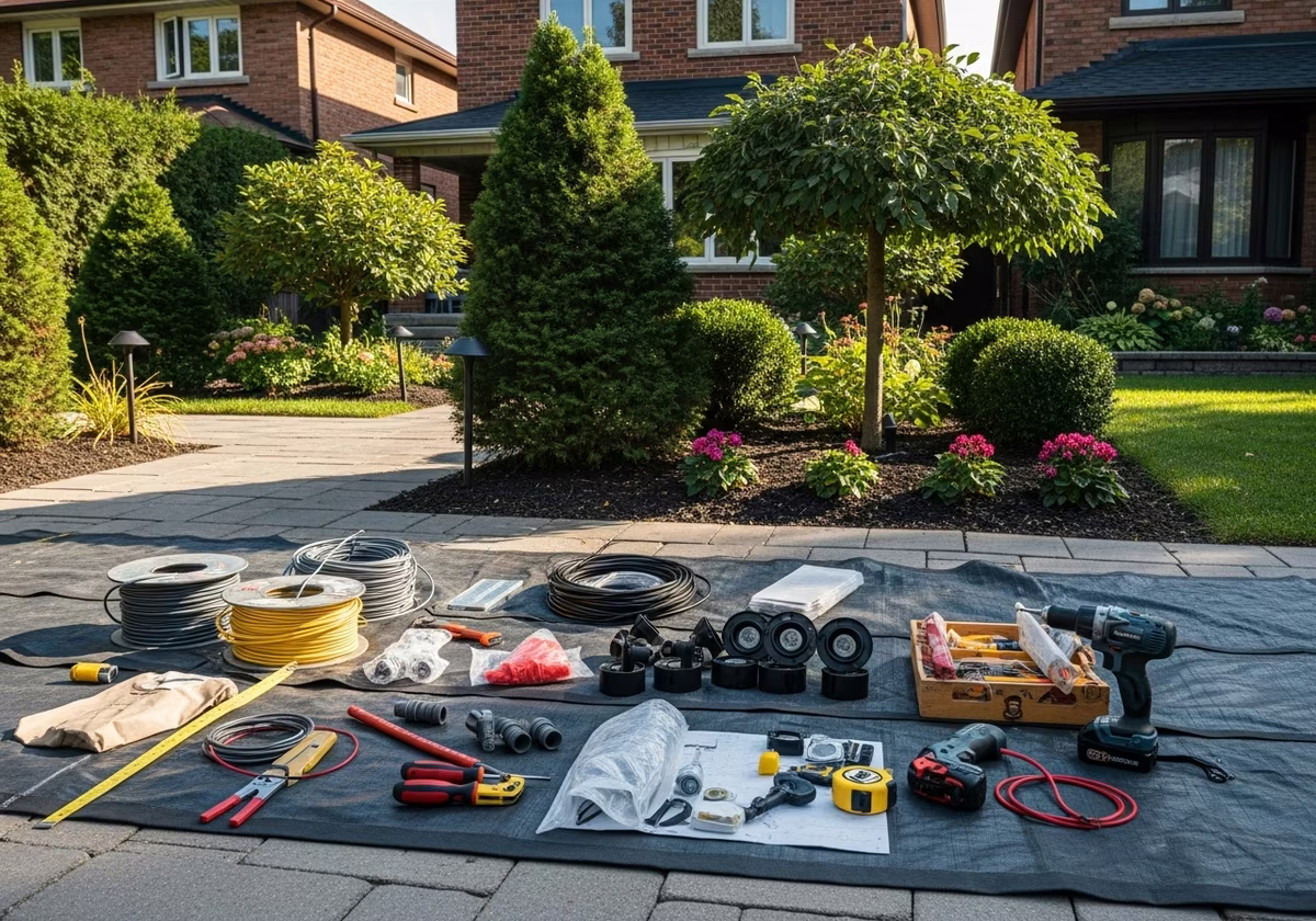 Outdoor Lighting Installation tools and materials staged in Toronto home