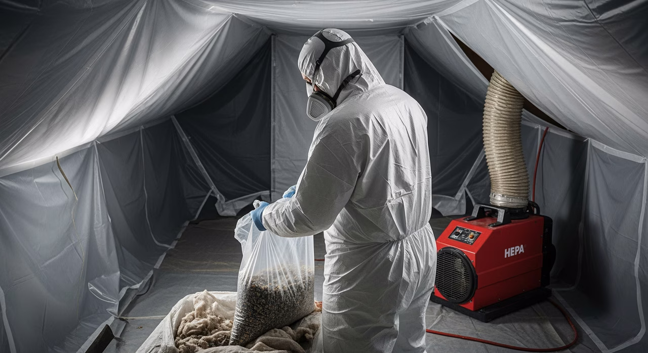 Licensed Toronto MOL Reg 278/05 asbestos abatement worker in Tyvek suit bagging vermiculite in Type 2 enclosure