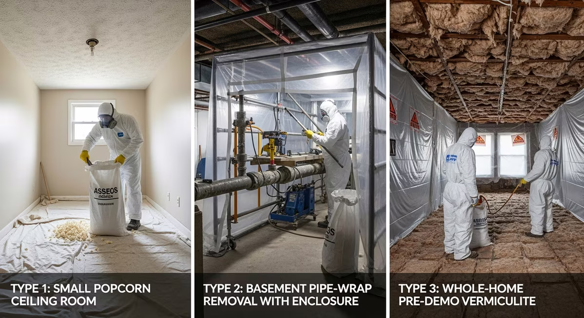 Three Toronto asbestos abatement scopes compared: Type 1 popcorn ceiling, Type 2 pipe wrap enclosure, Type 3 vermiculite whole-home