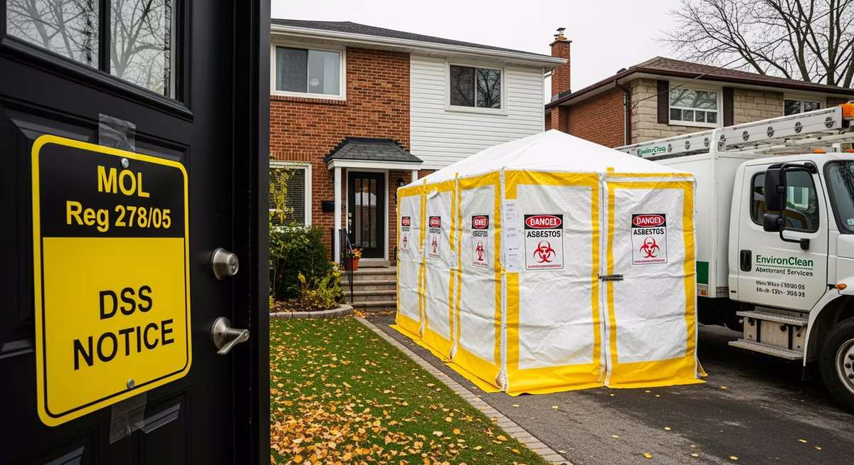 Toronto pre-1990 detached home exterior with MOL Reg 278/05 DSS notice and abatement contractor truck on driveway