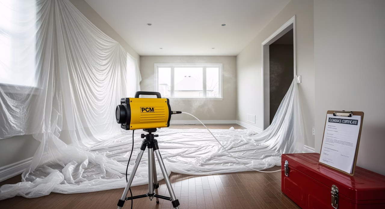 Toronto home post-abatement air-clearance phase with PCM sampling pump and clearance certificate