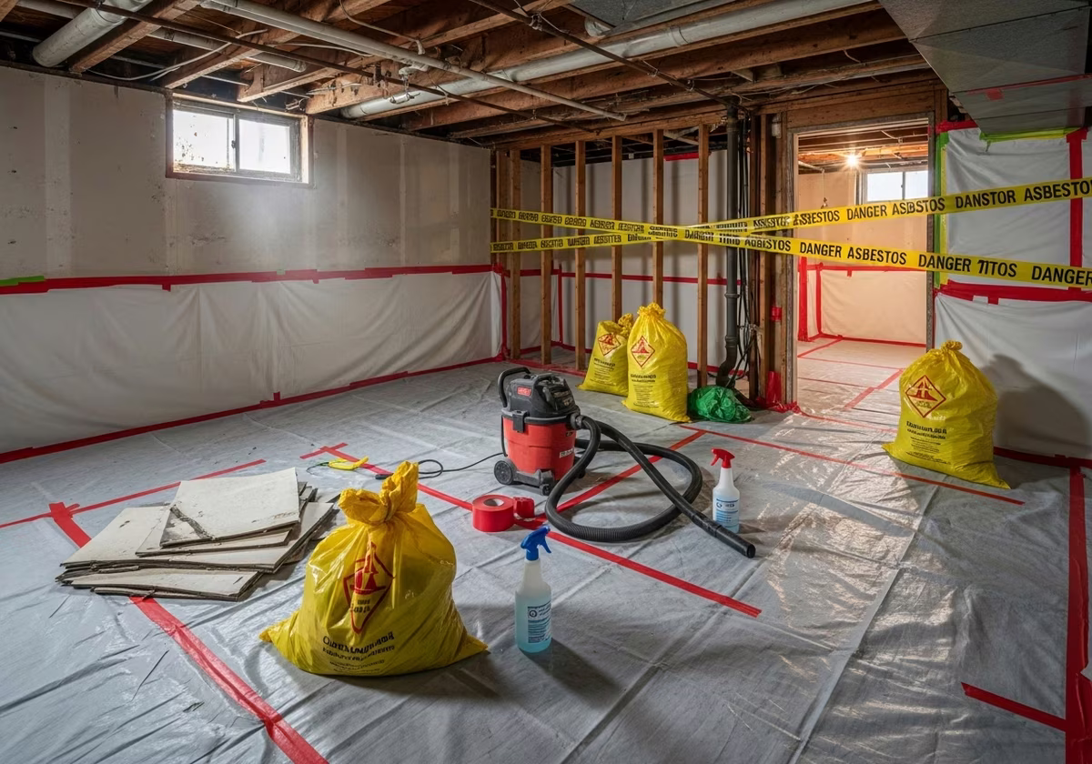 Tools and materials staged for asbestos abatement removal
