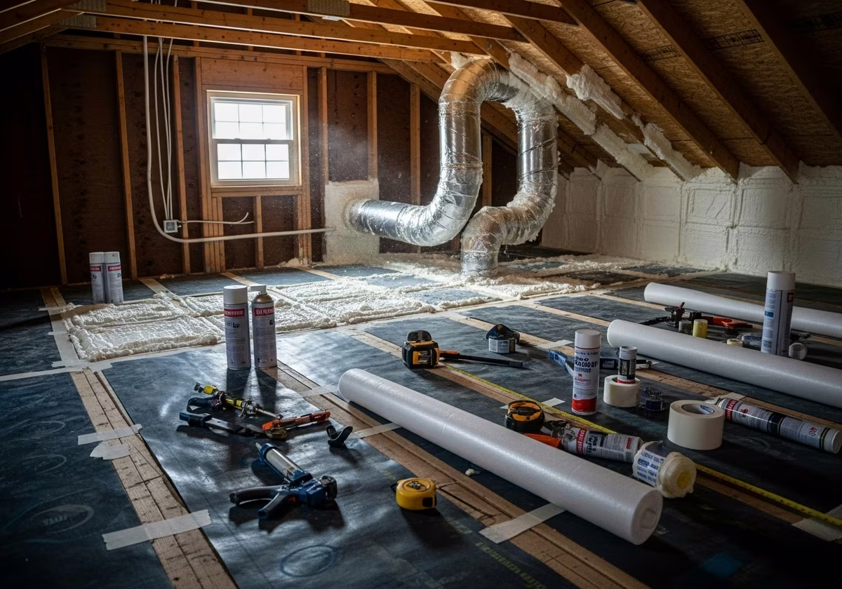 Tools and materials staged for attic air sealing project