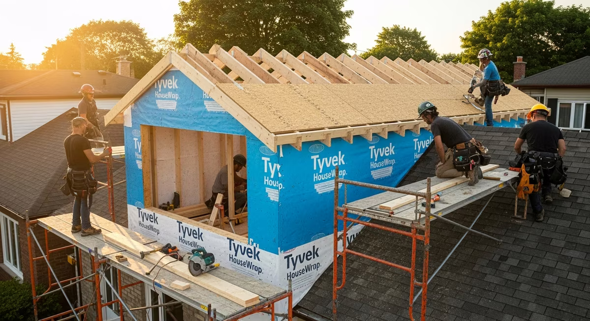 Attic-conversion framing crew constructing rear shed dormer with 2x10 rafters and roof sheathing on Toronto semi