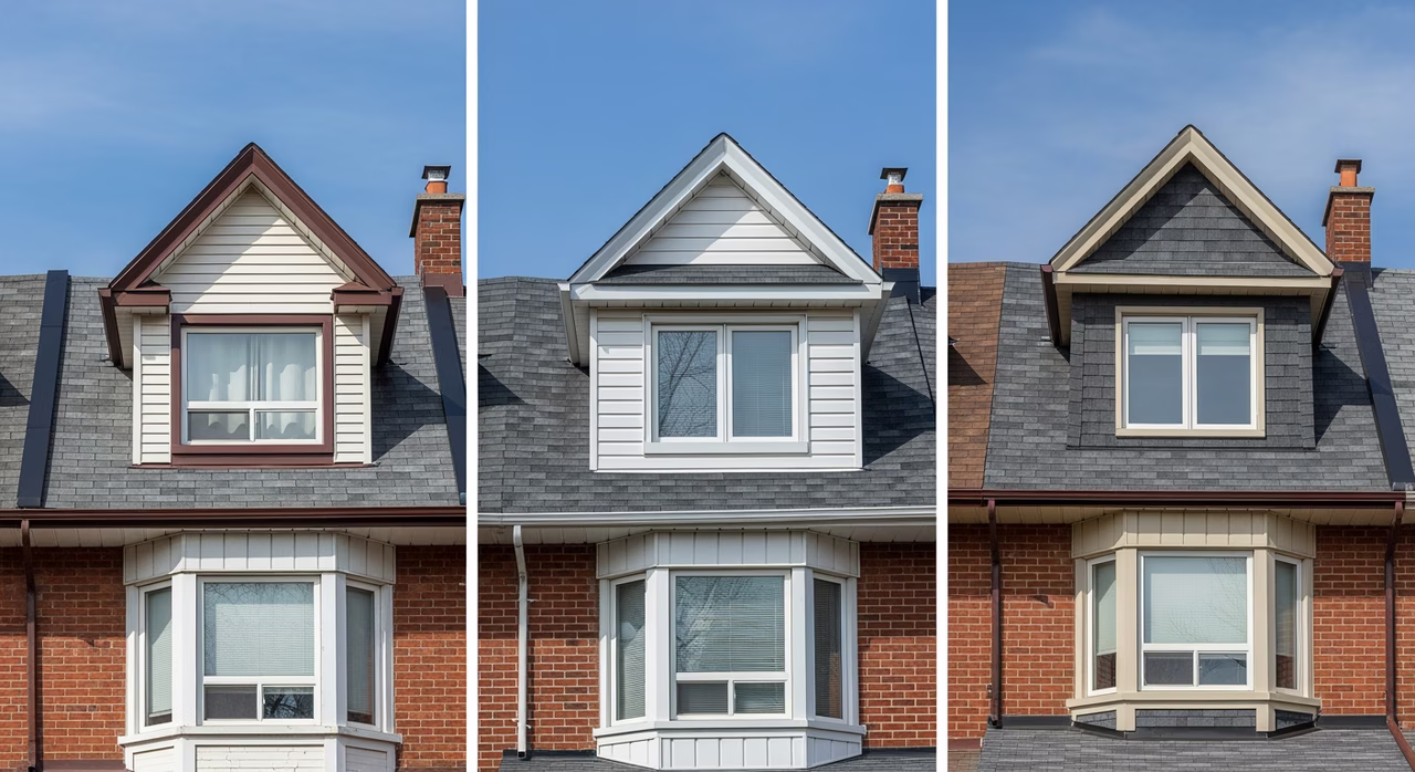 Three Toronto attic conversion types compared: light finish no dormer, rear shed dormer addition, front gable dormer with bay window