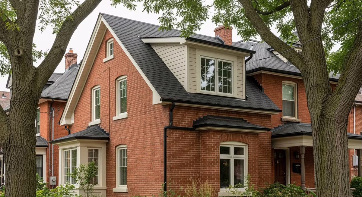 Toronto Cabbagetown two-storey Victorian semi exterior with new rear shed dormer matching original brick and trim