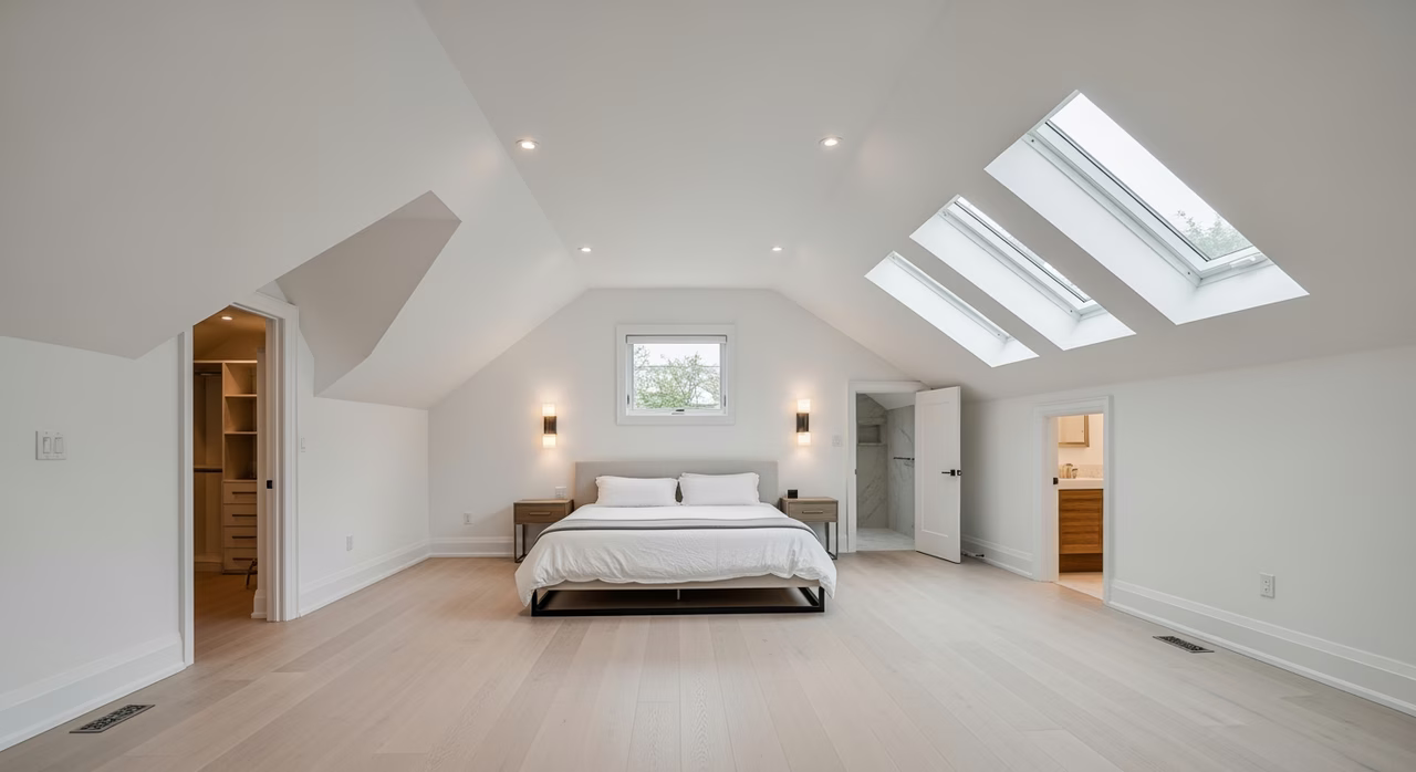 Completed Toronto third-floor master suite attic conversion with rear shed dormer, king bed, walk-in closet and ensuite