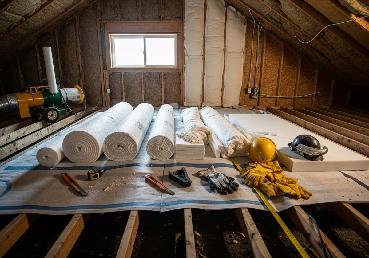 Tools and materials staged for attic insulation installation project