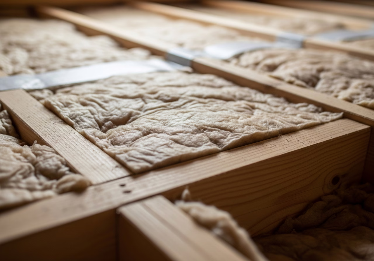 Close-up detail of professionally completed attic insulation installation work