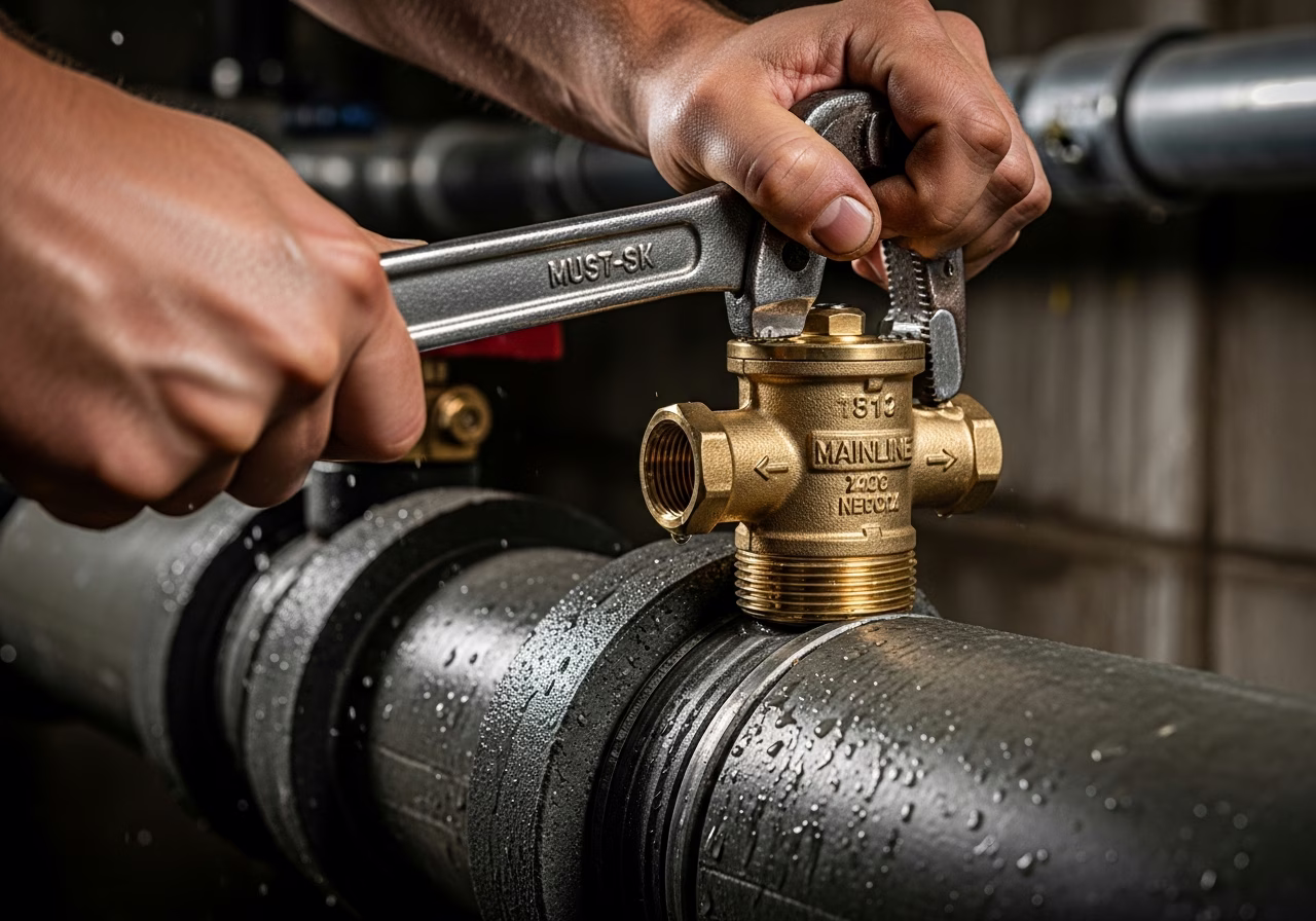Installing Mainline brass backflow prevention valve onto Toronto sewer main