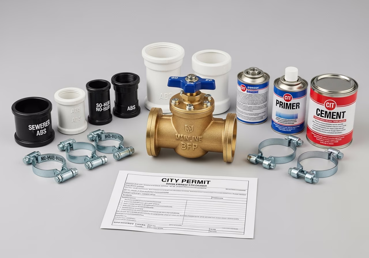 Backflow valve install kit β Mainline brass valve, ABS couplings, City permit