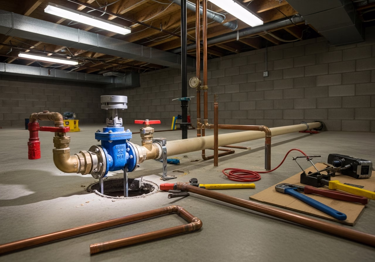 Toronto basement backflow valve mid-install β main cut, valve seating