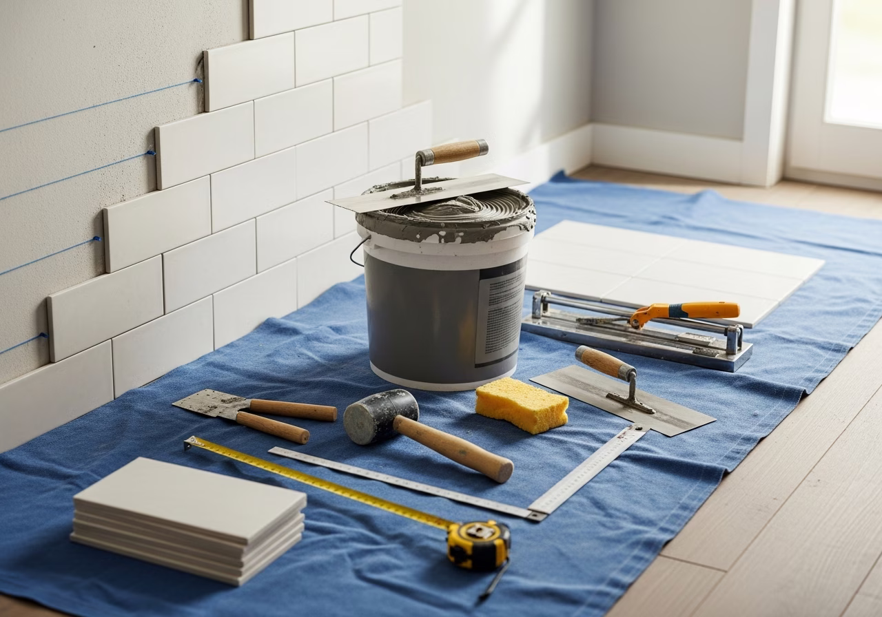 Tools and materials staged for backsplash tile installation in Toronto