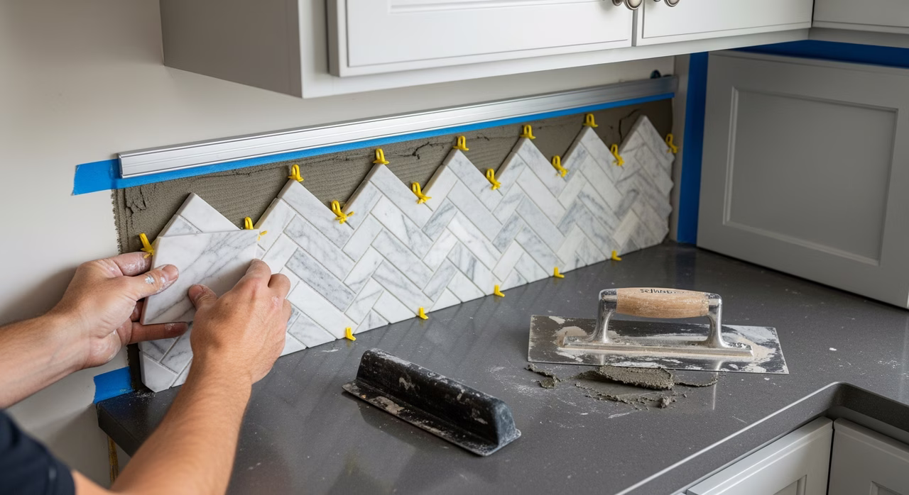 Toronto tile installer setting marble herringbone mosaic backsplash tiles between upper cabinets and counter with thinset trowel and Schluter Jolly trim