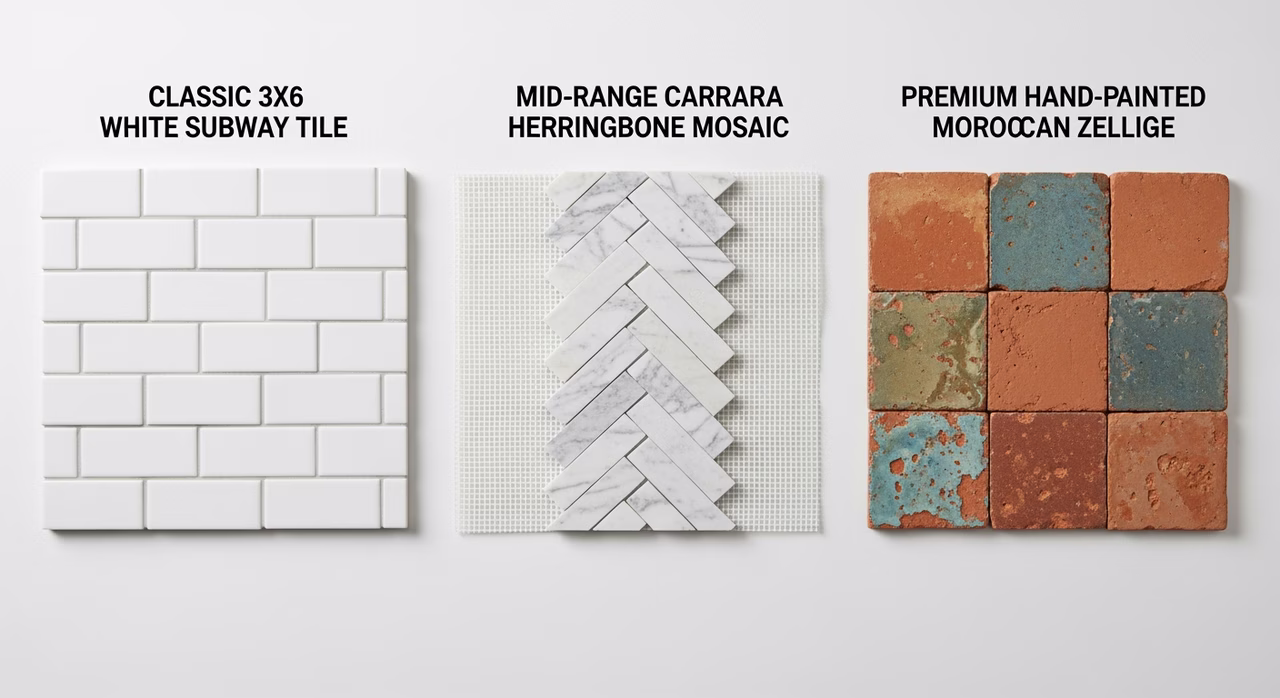 Three Toronto kitchen backsplash tiers compared: classic 3x6 white subway, Carrara marble herringbone mosaic, hand-painted Moroccan zellige terracotta