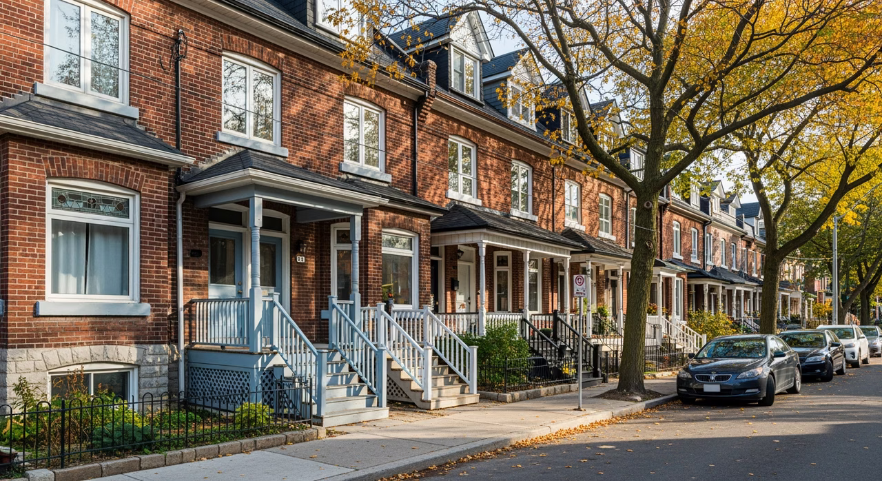 Toronto Roncesvalles row of Victorian semi-detached red-brick homes with painted front porches, leaded-glass transoms and mature street trees