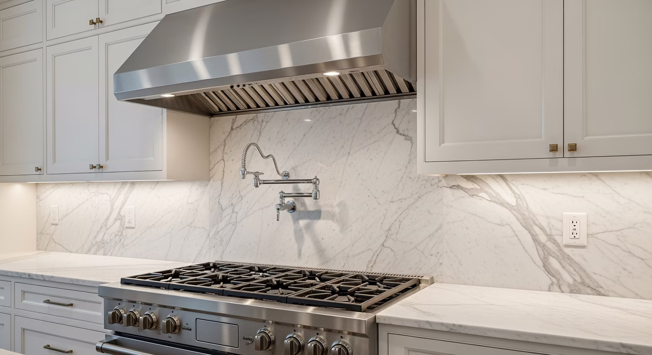 Completed Toronto kitchen with full-height marble slab backsplash behind 36-inch stainless range hood, mitered outside corners, polished chrome pot-filler and brushed-brass LED strip