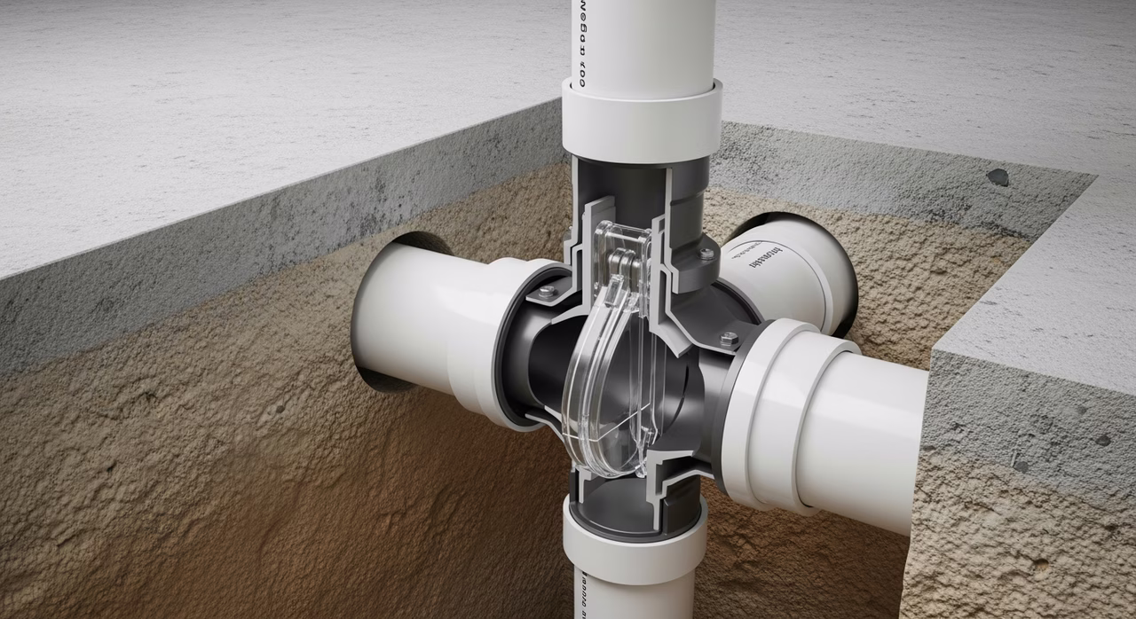 Licensed 306A plumber installing Mainline Fullport backwater valve and sump pit in Toronto basement
