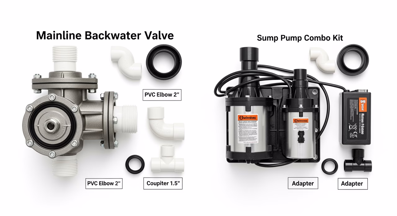 Mainline, Mission, and ProFlo backwater valves compared next to Zoeller and Liberty sump pumps