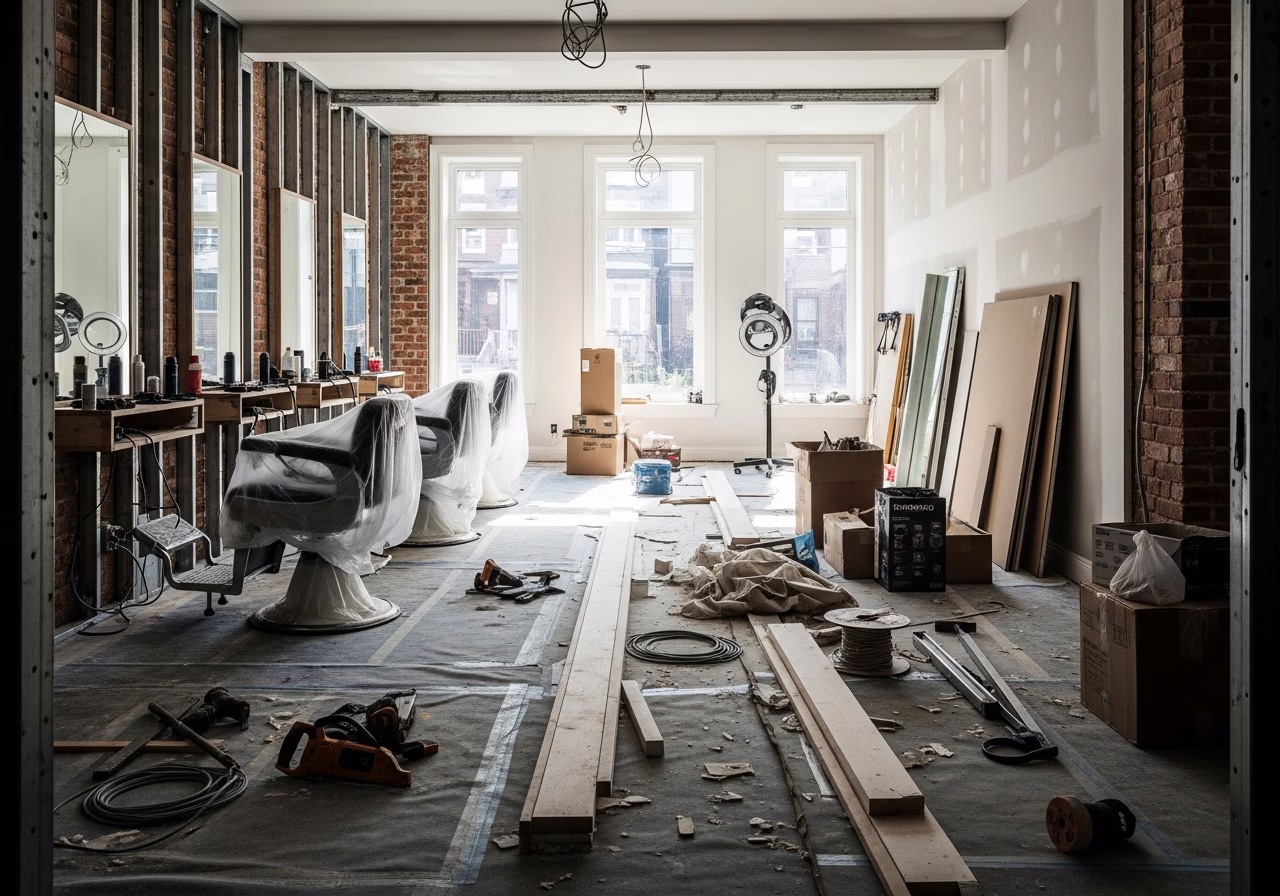 Barbershop & Salon Buildout in progress: tools, materials, and protective floor covering staged for a Toronto home renovation