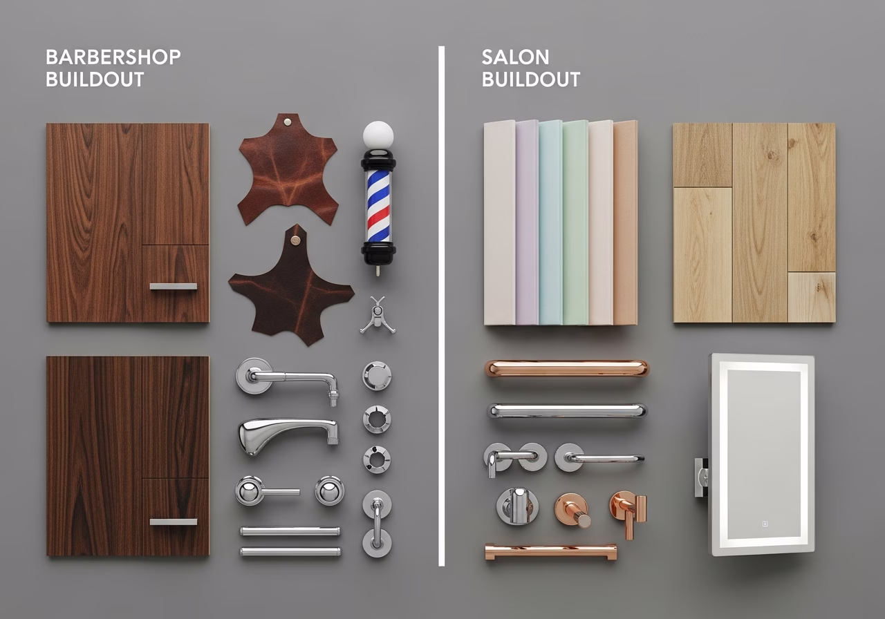 Side-by-side product and material comparison for barbershop & salon buildout — typical brands and finishes used in Toronto ho