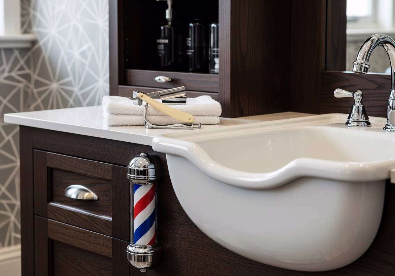 Close-up detail of professionally completed barbershop & salon buildout showing craftsmanship and finish quality