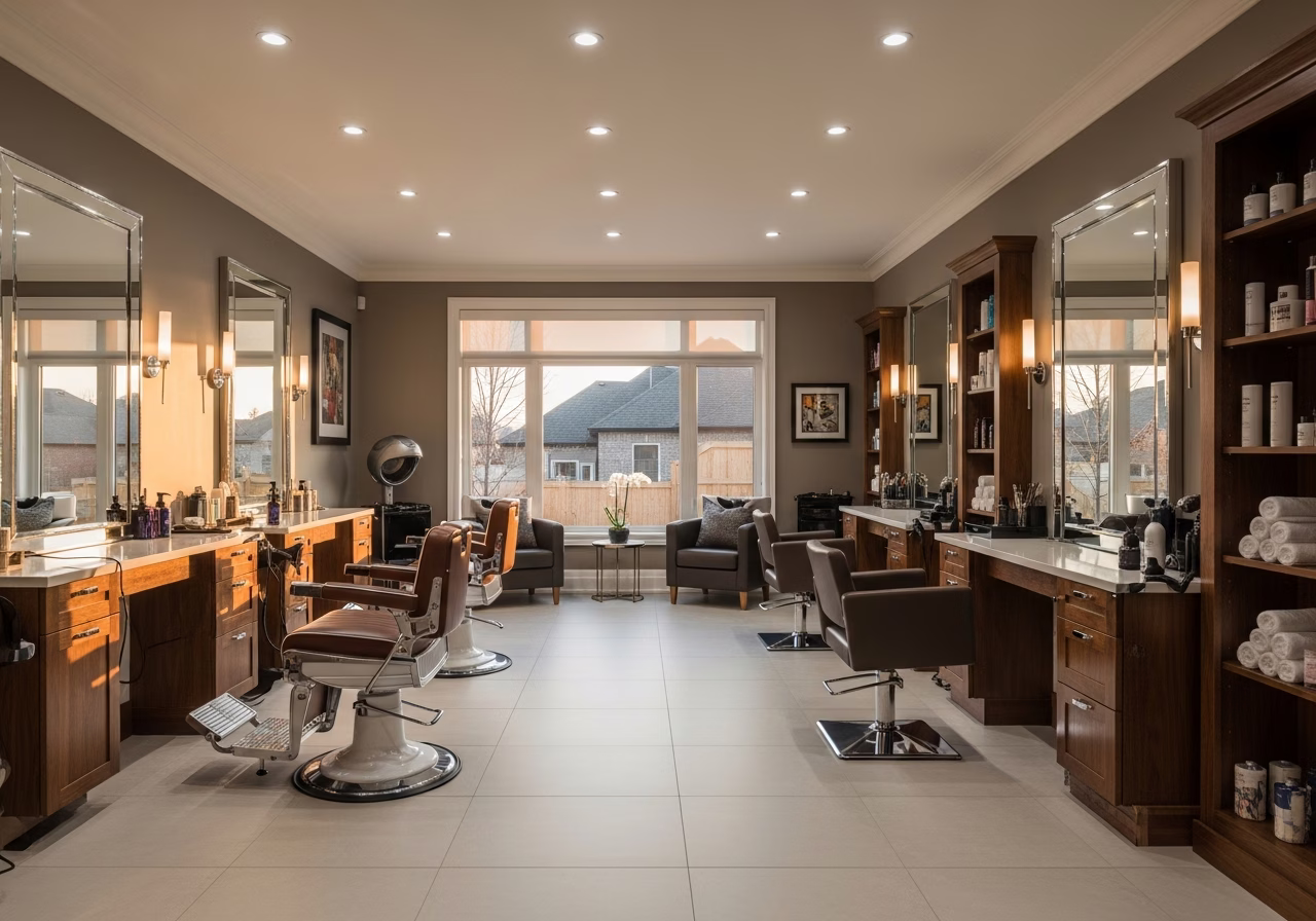 Finished barbershop & salon buildout result in a Toronto/GTA home, photographed in natural light