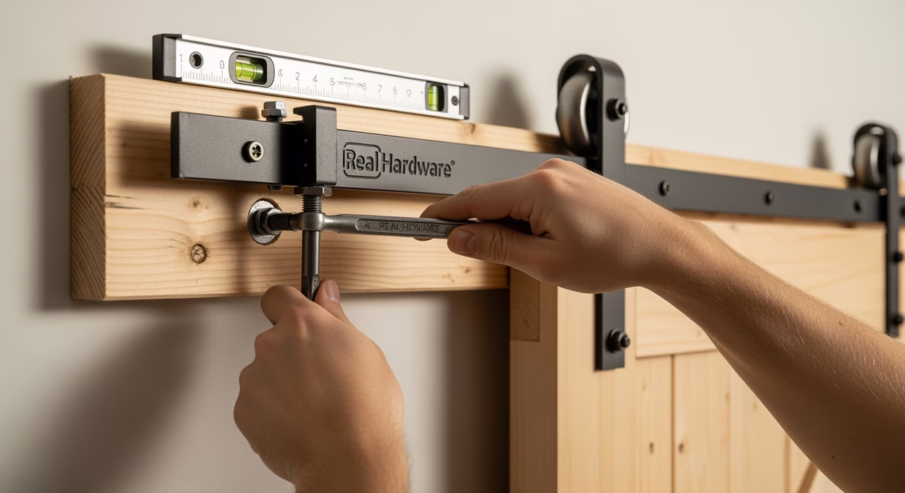 Toronto barn-door-installer fastening Real Hardware barn-door top-mounted track to stud-anchored 2-by-8 SPF wall-cleat with 4-inch lag-bolts driven through pre-drilled track holes into framing, barn-door slab hanging from track via top-mounted V-roller wheels, level checking horizontal