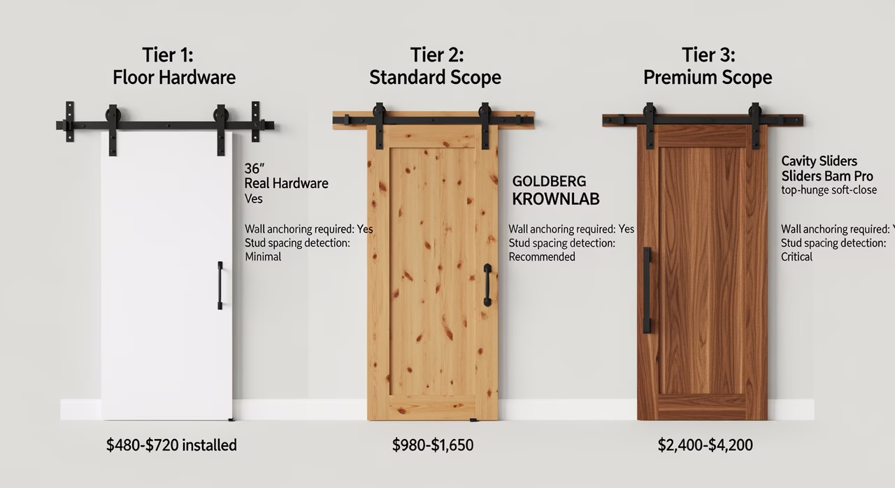 Three Toronto barn-door tiers compared: floor Real Hardware builder-grade 36-inch track V-roller paint-grade MDF slab basic flat-bar pull at $480-$720, standard Goldberg or Krownlab top-mounted soft-close damper factory-stained solid-pine or maple premium pull at $980-$1,650, premium Cavity Sliders Barn Pro top-hung soft-close custom solid-wood walnut or oak full-height bypass track at $2,400-$4,200