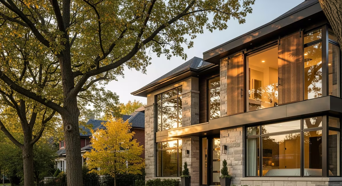 Toronto Yorkville 2018-built luxury detached infill home with mature trees on upper-middle-class urban street at golden hour where premium custom-walnut Cavity Sliders Barn Pro doors are popular feature in master-bedroom-to-ensuite transitions commonly running $2,400-$4,200