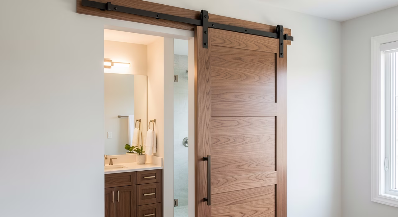 Completed Toronto master-bedroom-to-ensuite transition with newly-installed Cavity Sliders Barn Pro custom solid-wood walnut barn door on top-hung soft-close track, oil-rubbed bronze flat-bar pull, partially open showing ensuite vanity beyond