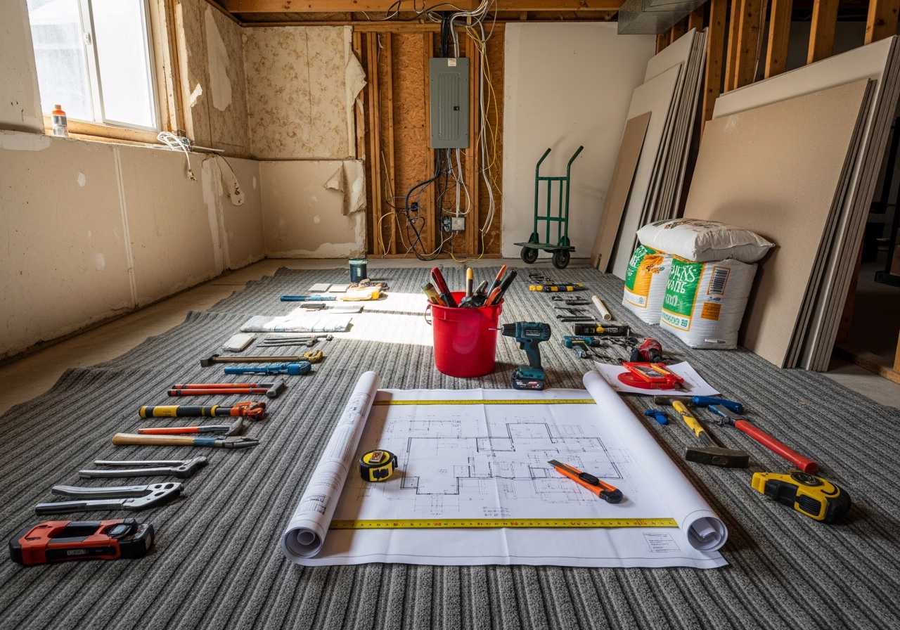 Basement Apartment Permit Prep in progress: tools, materials, and protective floor covering staged for a GTA ARU conversion p