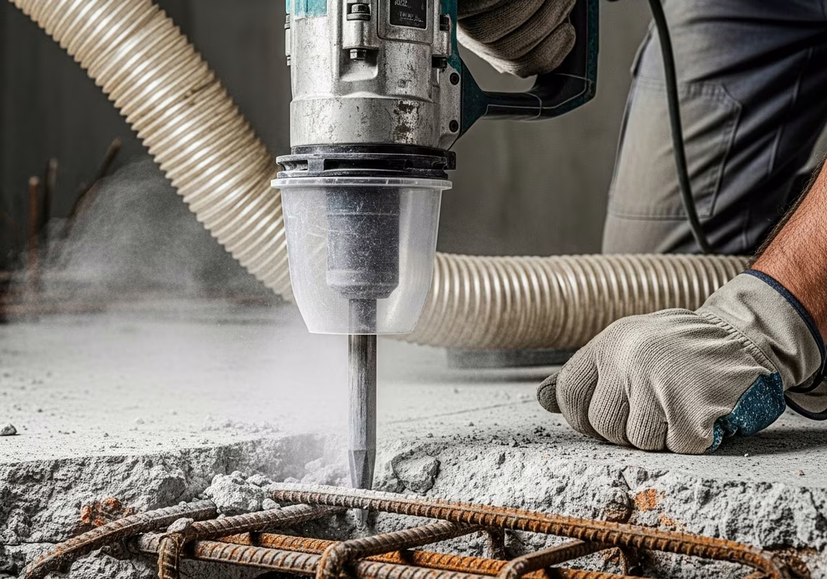 Breaking concrete slab with electric hammer for basement bathroom rough-in