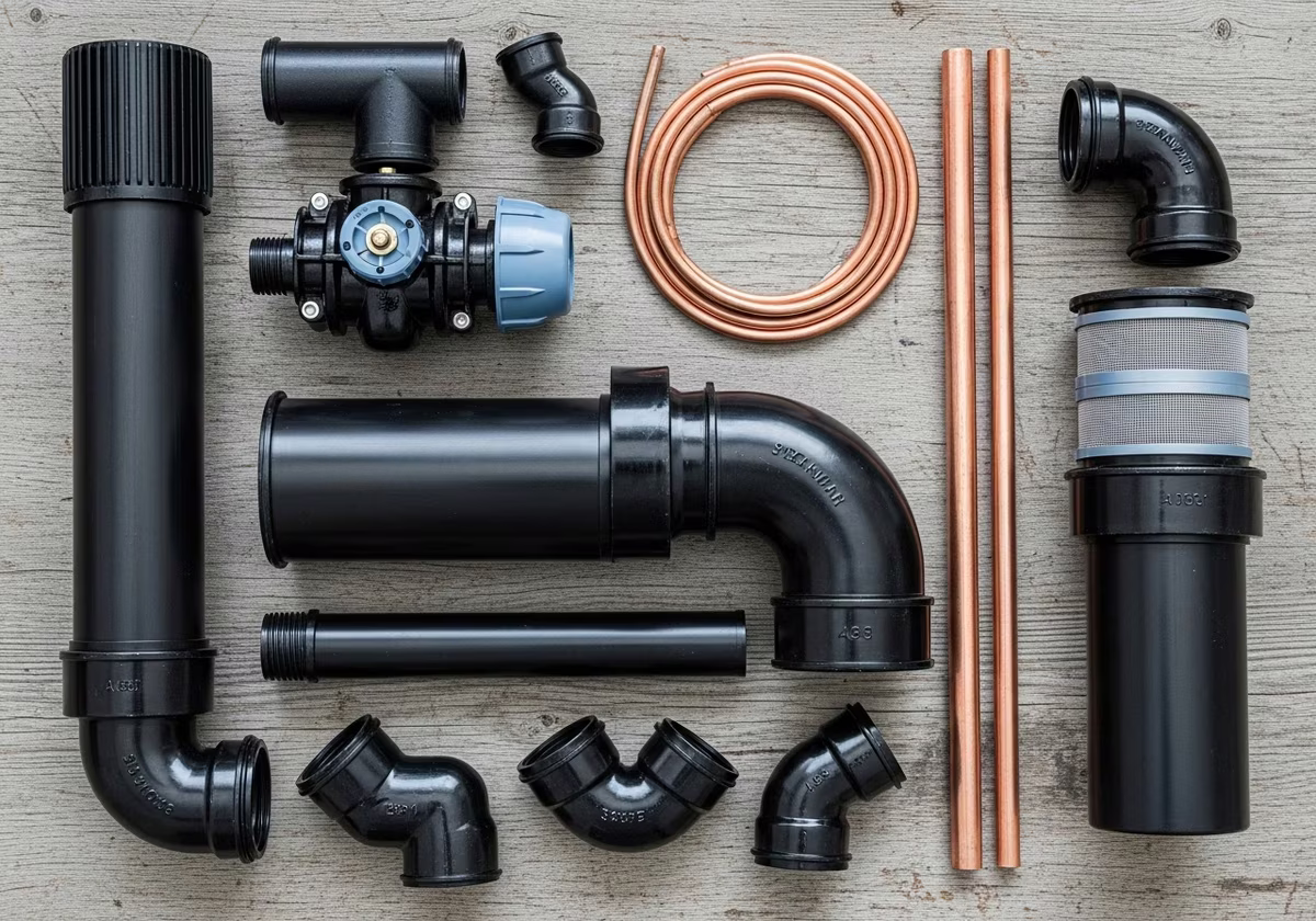 Basement bathroom rough-in materials — ABS drain, backwater valve, vent stack