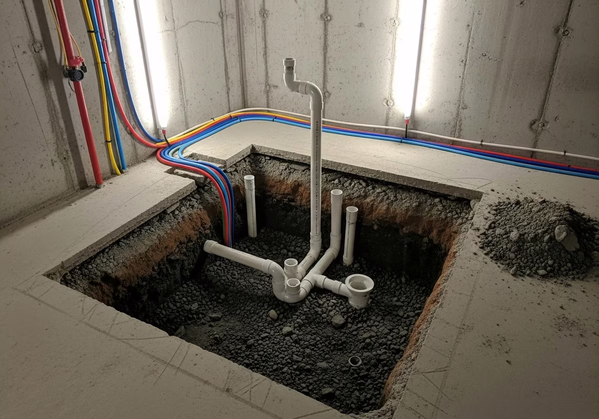 Toronto basement bathroom rough-in mid-progress — drain pipes positioned in cut slab
