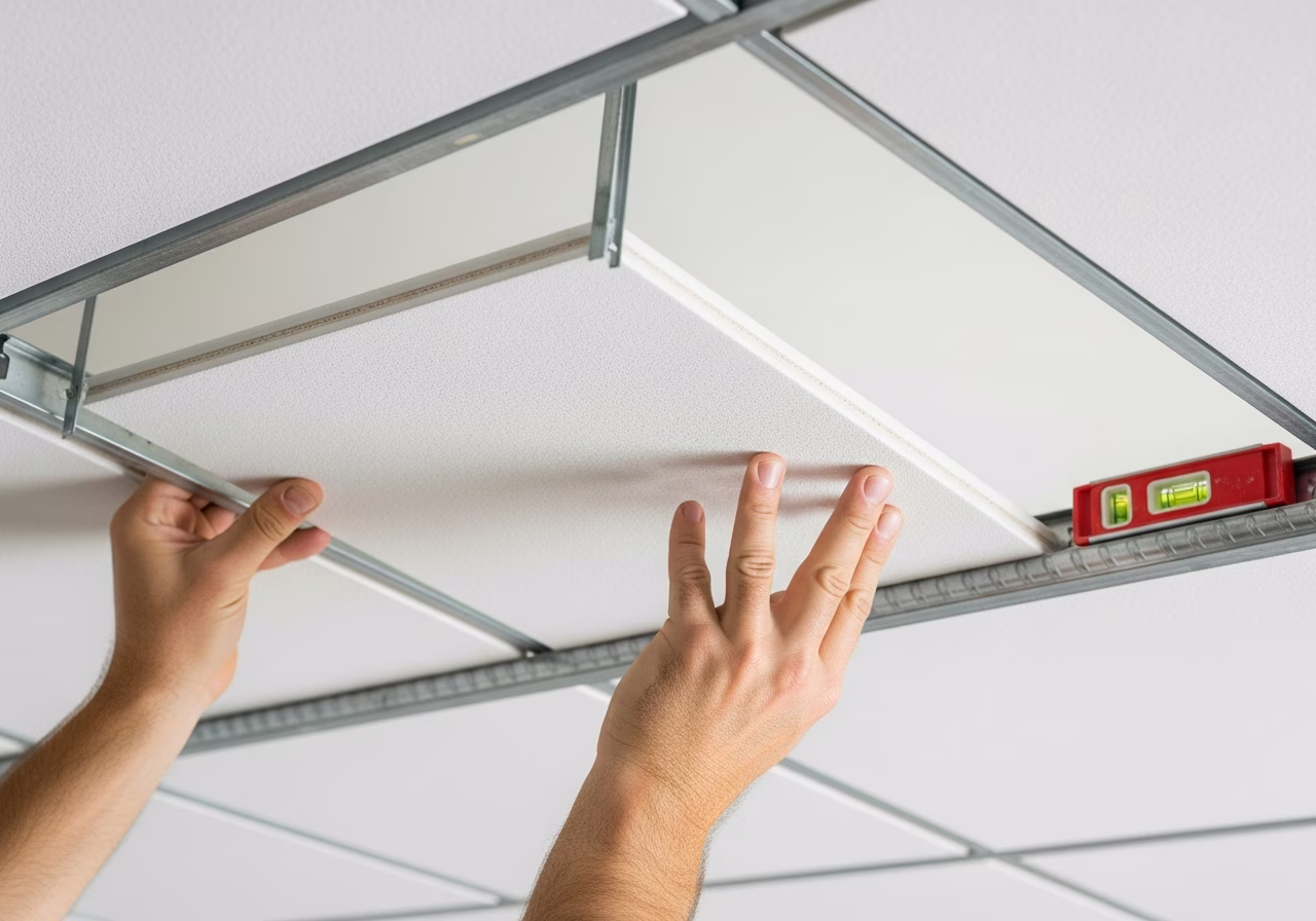 Installing Armstrong Cirrus acoustic ceiling tile in T-bar suspension grid