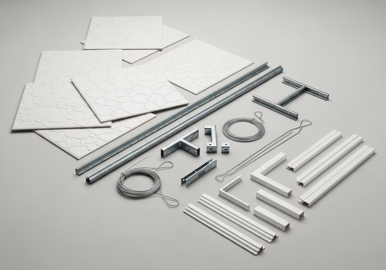 Drop ceiling materials — Armstrong tiles, USG T-bar, cross tees, wire hangers