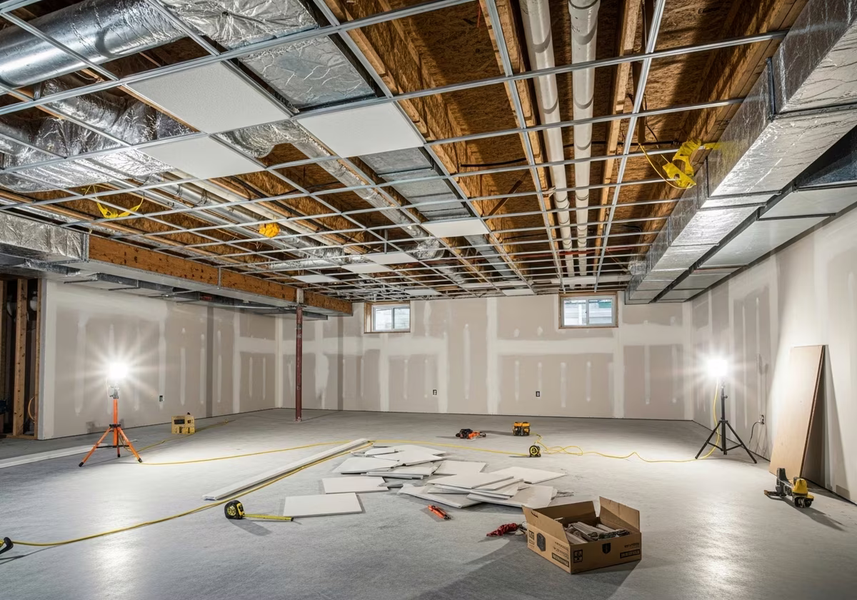Toronto basement drop ceiling mid-install — T-bar grid with tiles half-placed