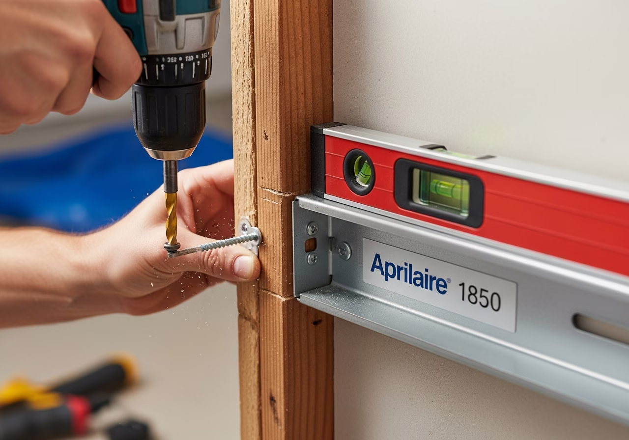 Mounting Aprilaire 1850 whole-house dehumidifier wall bracket in Toronto basement