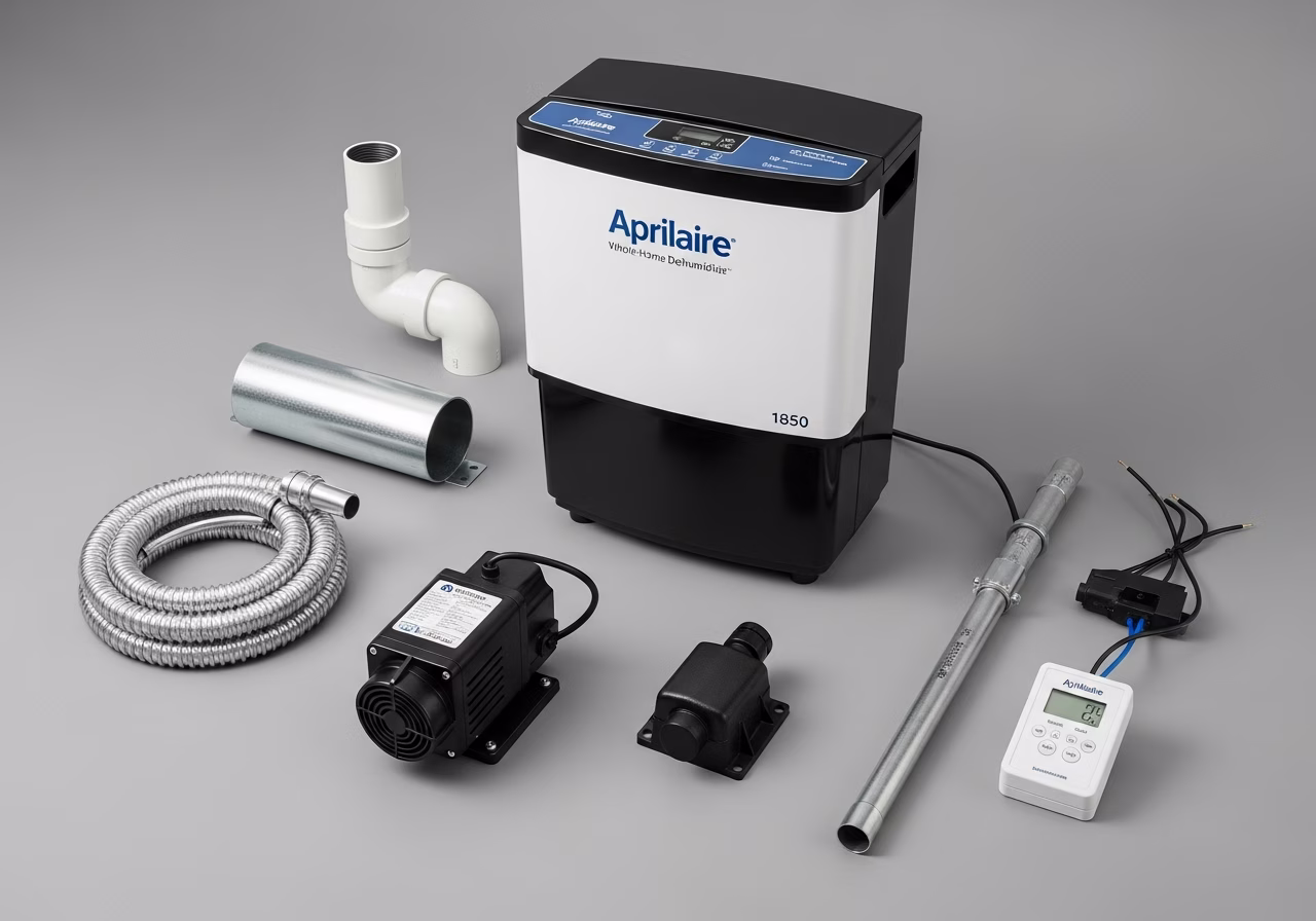 Aprilaire 1850 install kit — dehumidifier, condensate pump, drain line, humidistat