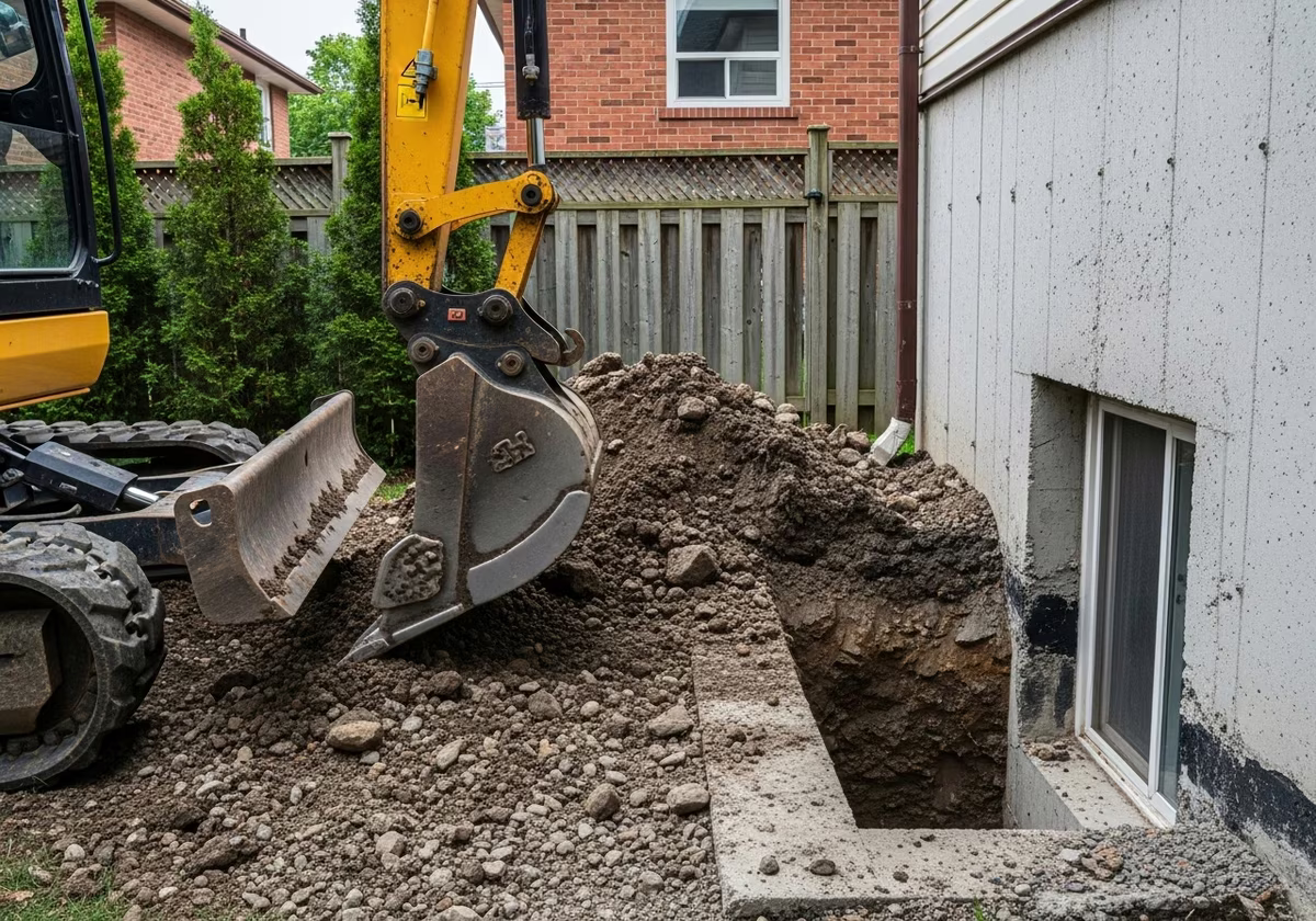 Excavating basement egress window well in Toronto backyard concrete foundation