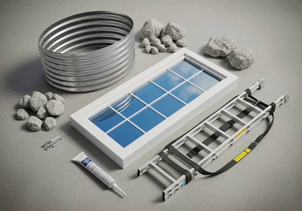 Egress window kit — aluminum window well, vinyl window, escape ladder, drainage