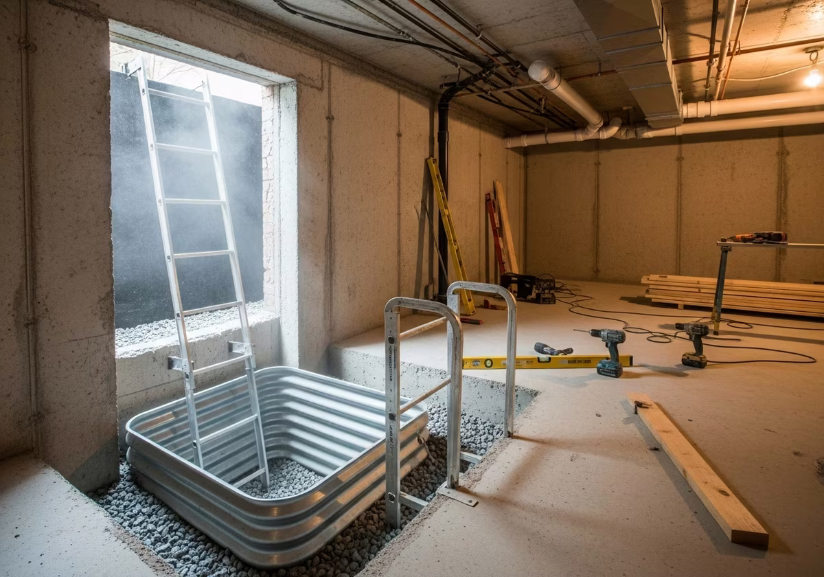 Toronto basement egress window mid-install — opening cut, well placed, ladder visible