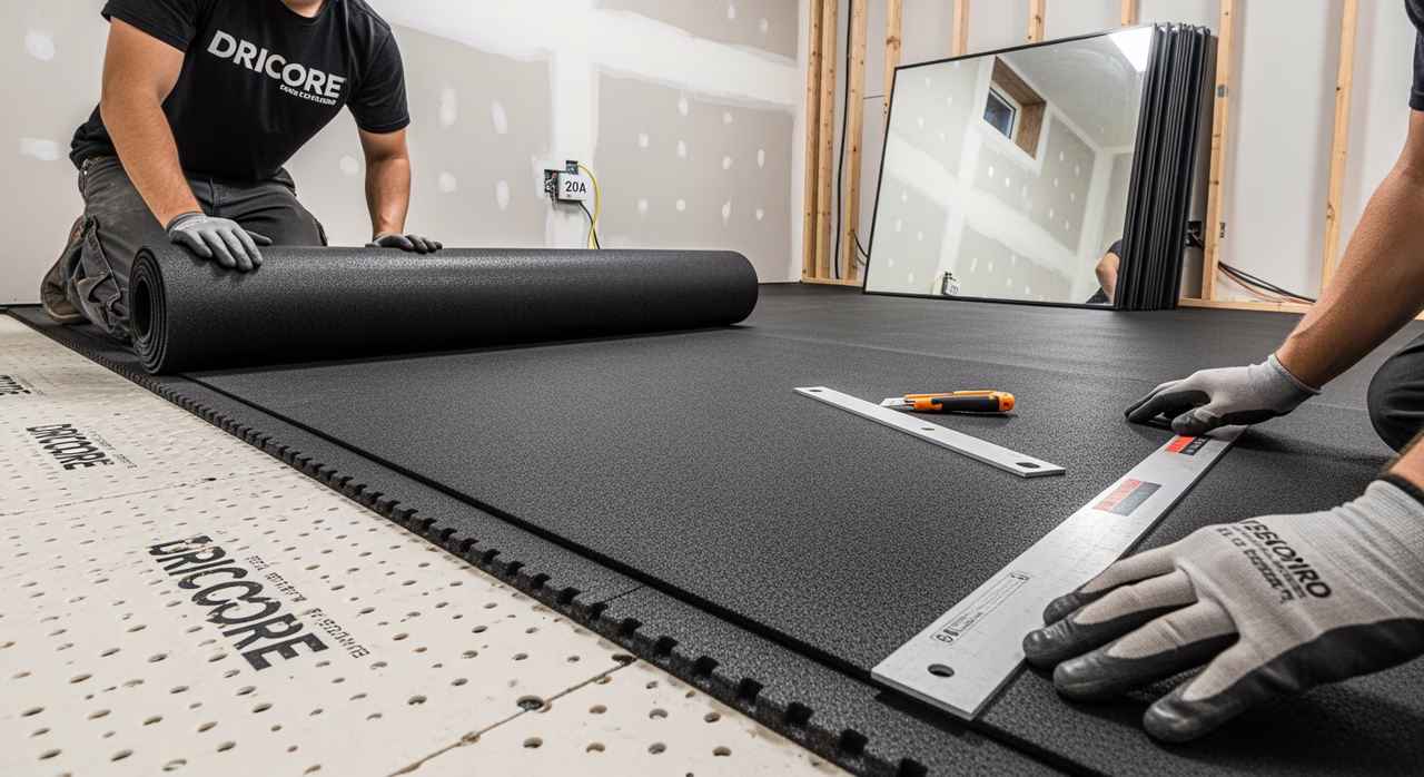 Toronto home-gym installer rolling 8-foot rubber flooring over DRIcore engineered subfloor in finished basement with dedicated 20A outlet rough-in and mirror panels staged