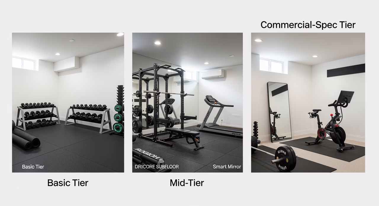 Three Toronto basement gym tiers compared: basic rubber-roll, mid-tier with DRIcore subfloor and full mirror wall, commercial-spec with Eleiko platform, smart mirror, Peloton