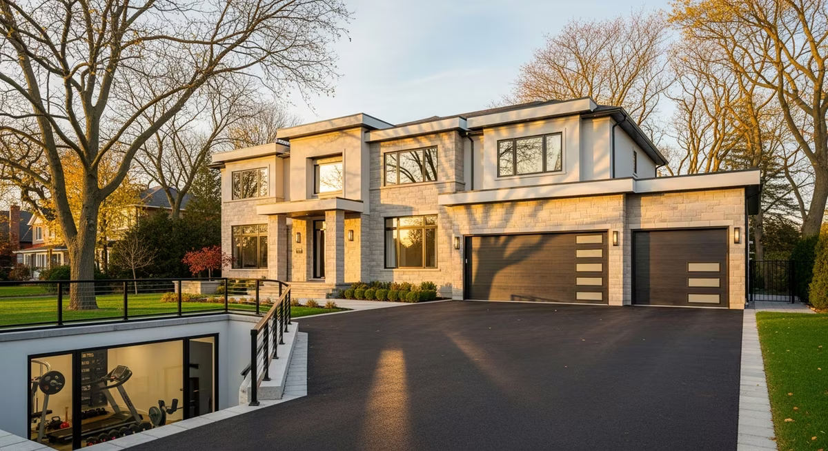 Vaughan detached two-storey contemporary home with mature trees, stucco-and-stone facade and visible basement home-gym space through fresh black-frame basement windows