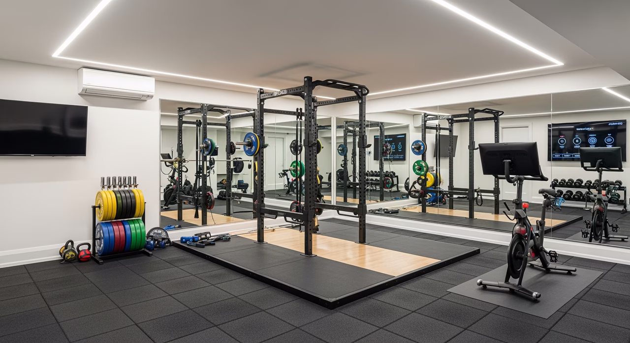 Completed luxury basement home gym with Rogue power rack on Eleiko Olympic platform, full mirror wall, Peloton, smart mirror, rubber tile over DRIcore, ductless mini-split