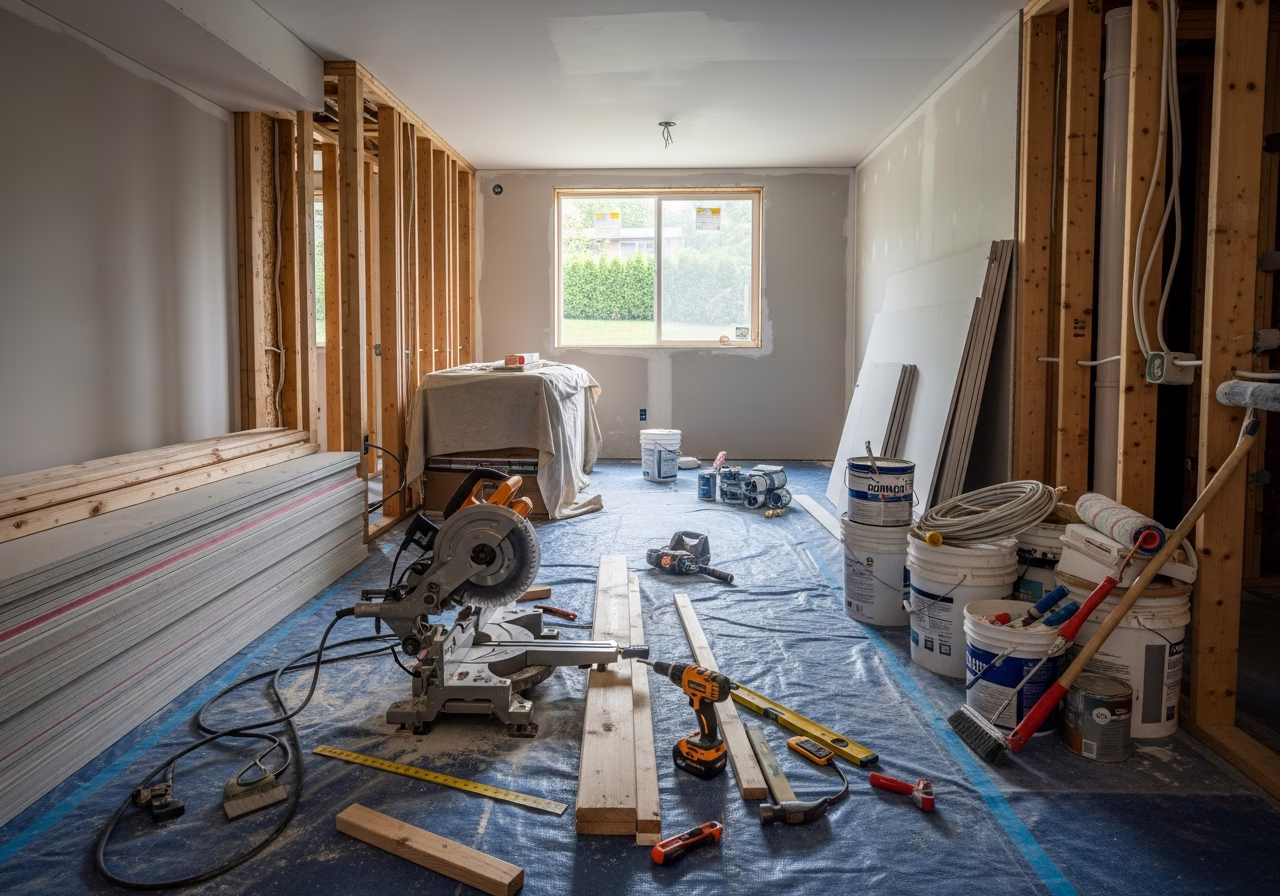 Tools and materials staged for basement apartment renovation in Markham